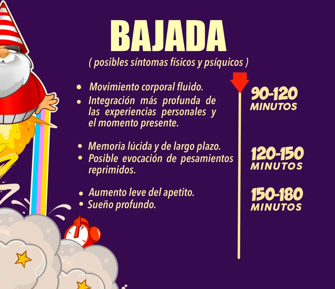 Bajada: posibles síntomas físicos y psíquicos entre los 90 y 180 minutos.